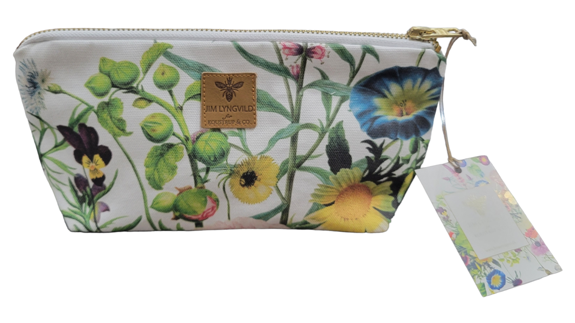 The Flower Garden Cosmetic Bag with Bottom is a zippered fabric pouch crafted from organic cotton, adorned with a floral design showcasing various colorful flowers and completed with an attached tag, designed in Denmark.