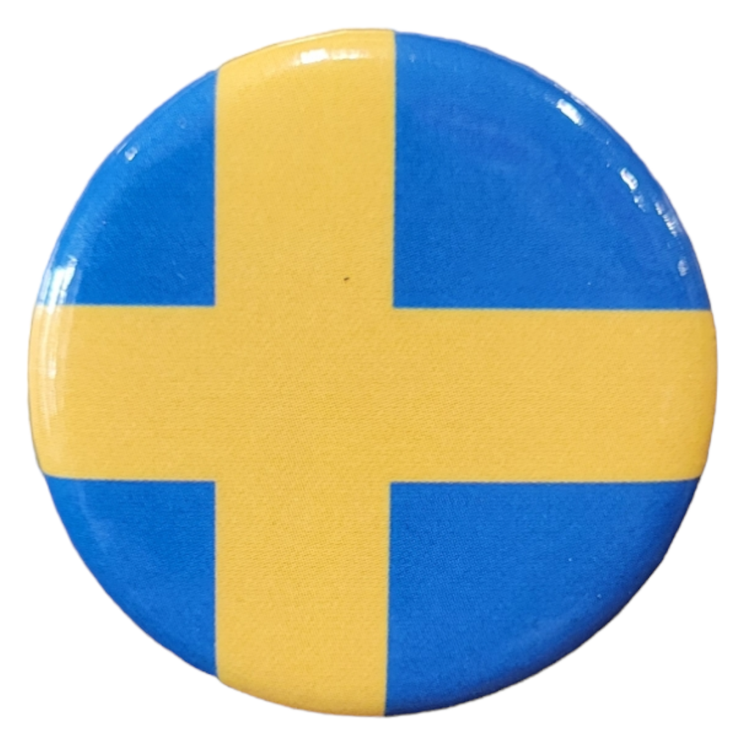 The Magnet: Swedish Flag Mini Magnet 1.25 Diameter features a yellow Nordic cross on a blue background and is designed as a small round refrigerator magnet.