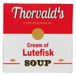 Bring Scandinavian charm to your kitchen with the Magnet: Thorvalds Cream of Lutefisk Soup Refrigerator Magnet—a playful 2x2 inch novelty magnet styled like a classic soup can, perfect for your fridge.