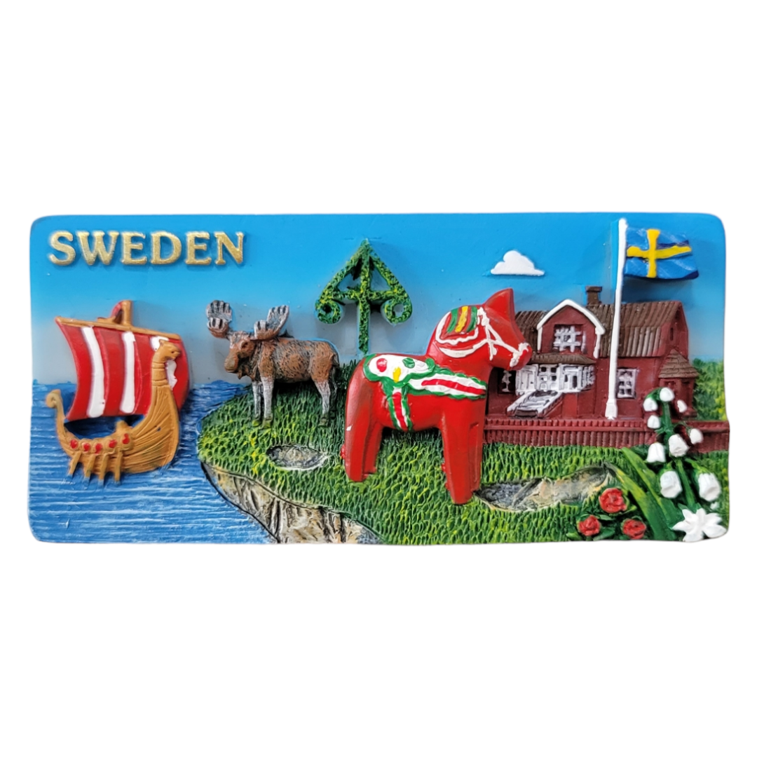 The Magnet: Swedish Images on Refrigerator Magnet 3-Dimensional radiates Scandinavian charm, showcasing a Viking ship, moose, red Dala horse, traditional house, and Swedish flag. SWEDEN graces the top left corner, making it an authentic souvenir.