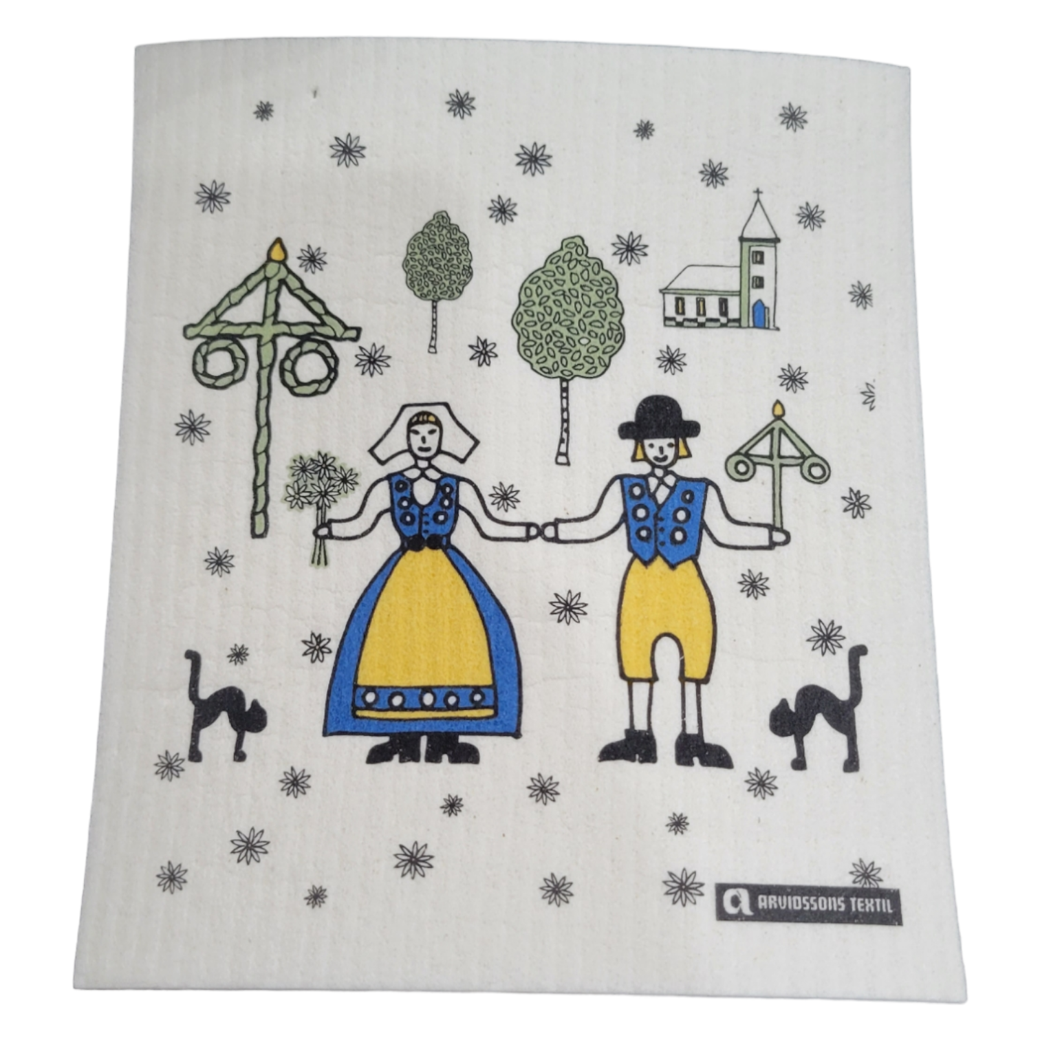 An illustration titled "Dish Cloth: Sverige Couple" features a couple in traditional attire holding hands beside a midsummer pole, with trees and a church in the background. Nearby, two cats frolic on eco-friendly towels designed to replicate the texture of Swedish Dish Cloths.