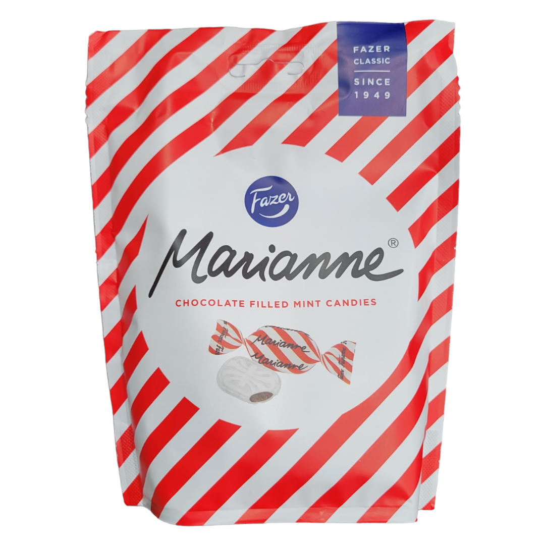 A 120g bag of Fazer Marianne, featuring individually wrapped chocolate-filled mints with red-and-white stripes from Finland.