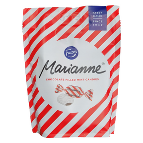 A 120g bag of Fazer Marianne, featuring individually wrapped chocolate-filled mints with red-and-white stripes from Finland.