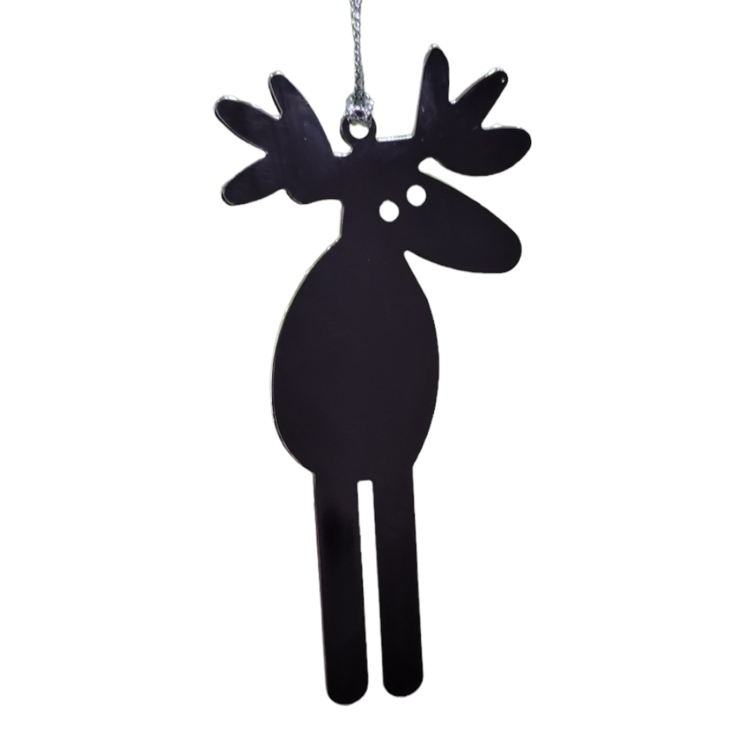Silver Moose ornament featuring a moose silhouette with antlers, suspended by a string.