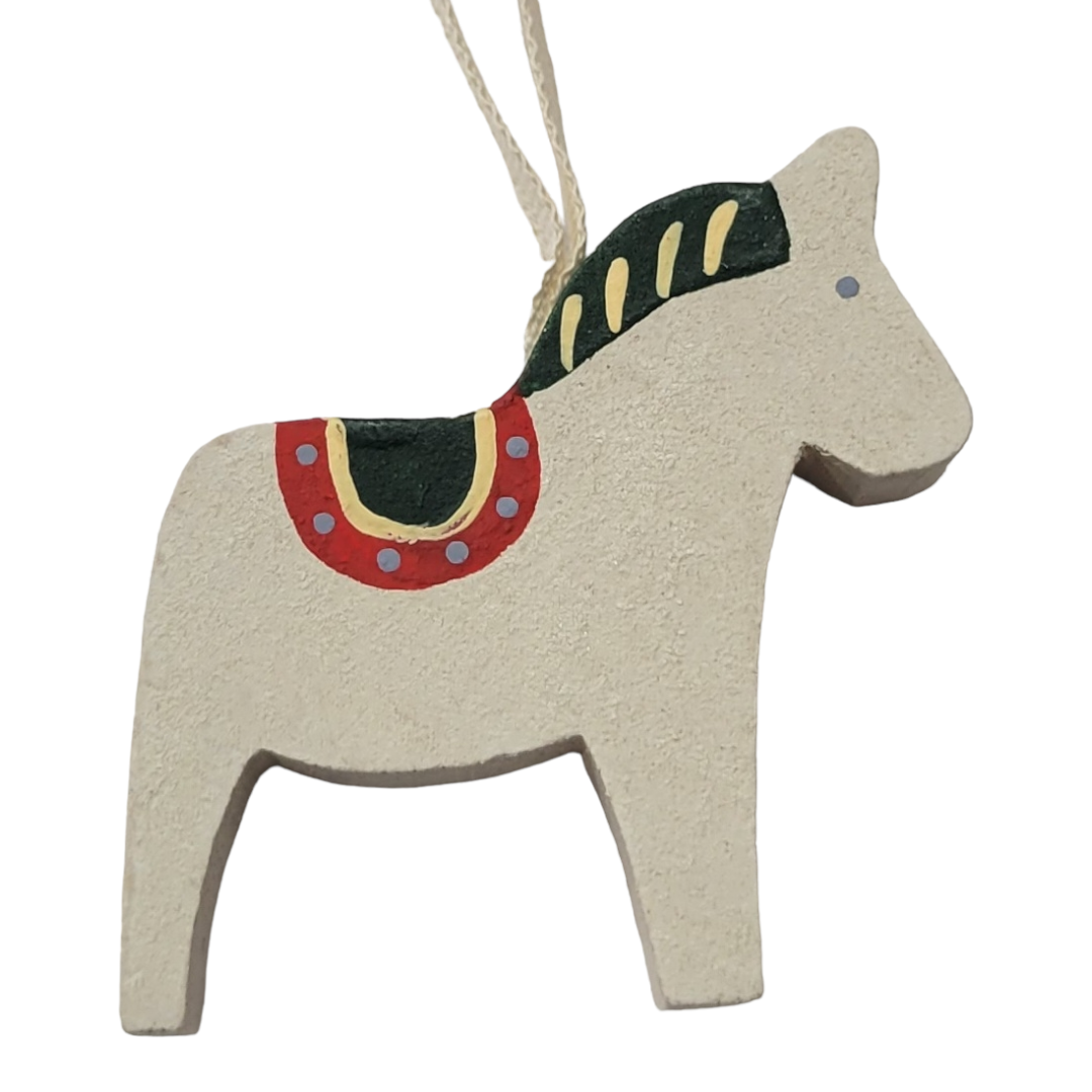 Ornament: Wooden White & Green Dala Horse