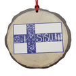The Ornament: SISU from the Nordic Collection is a charming wooden piece that showcases a map of Finland along with the word "Sisu" in Finnish. It includes beautiful nature illustrations and a house set against a peaceful blue and white background, capturing the essence of strength with its sophisticated wood slice image design.