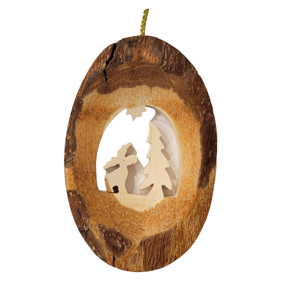 Ornament: Bark Moose w/Tree