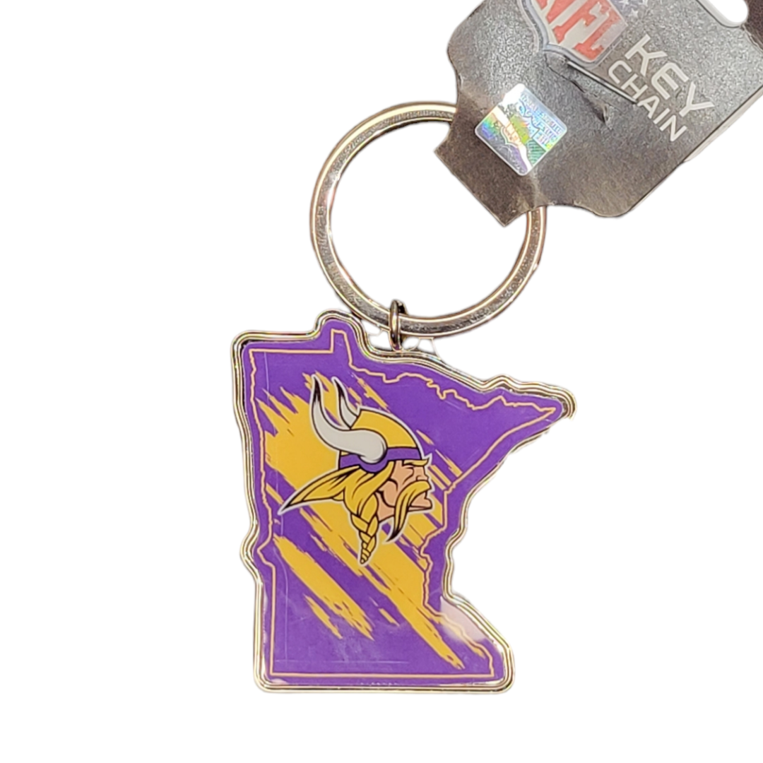 This "Vikings Map Shape" keychain showcases a bold purple and yellow Viking logo, embodying the true spirit of Minnesota.