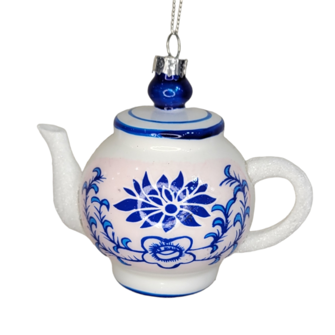 A timeless Ornament: Teapot/Jar featuring blue floral designs and a silver hanging loop, embodying exquisite elegance.