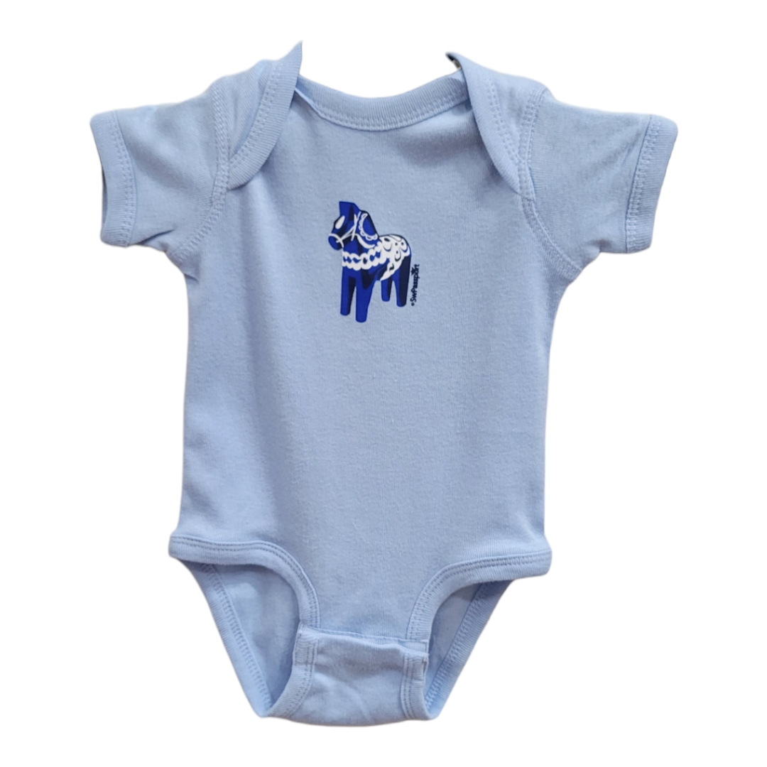 Light blue 100% cotton onesie featuring a blue and white stylized Swedish Dala Horse graphic on the front. Available in sizes 6, 12, and 18 months under the name Onesie: Swedish Dala Horse.