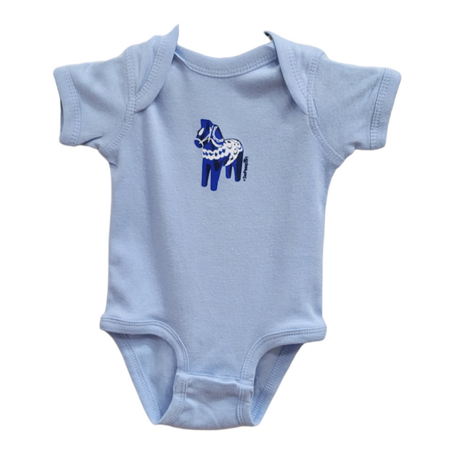 Light blue 100% cotton onesie featuring a blue and white stylized Swedish Dala Horse graphic on the front. Available in sizes 6, 12, and 18 months under the name Onesie: Swedish Dala Horse.
