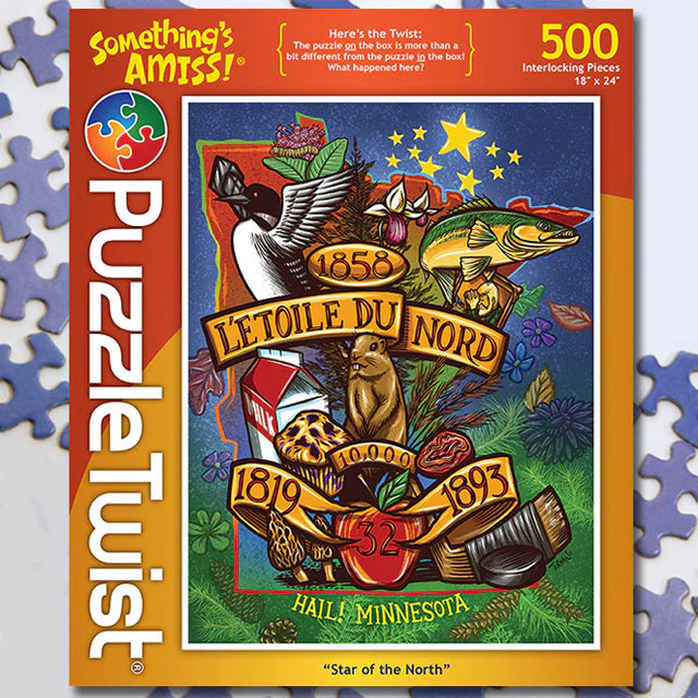 PuzzleTwists Star of the North by Adam Turman, inspired by Minnesotas beauty, features animals and plants with a LEtoile du Nord banner. This 500-piece puzzle is crafted with care.