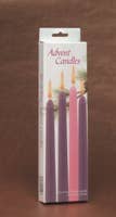 Candle: Advent Tapers- Set of 4 : 3 Purple Taper & 1 Pink Taper, perfect for a traditional holiday centerpiece, displayed on a brown background.