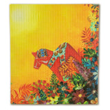 The Dish Cloth: Light of Grytnäs Dala Horse showcases a red horse with patterns, encircled by vivid flowers and leaves on a bright yellow backdrop, reminiscent of the vibrant designs typical of eco-friendly towels.