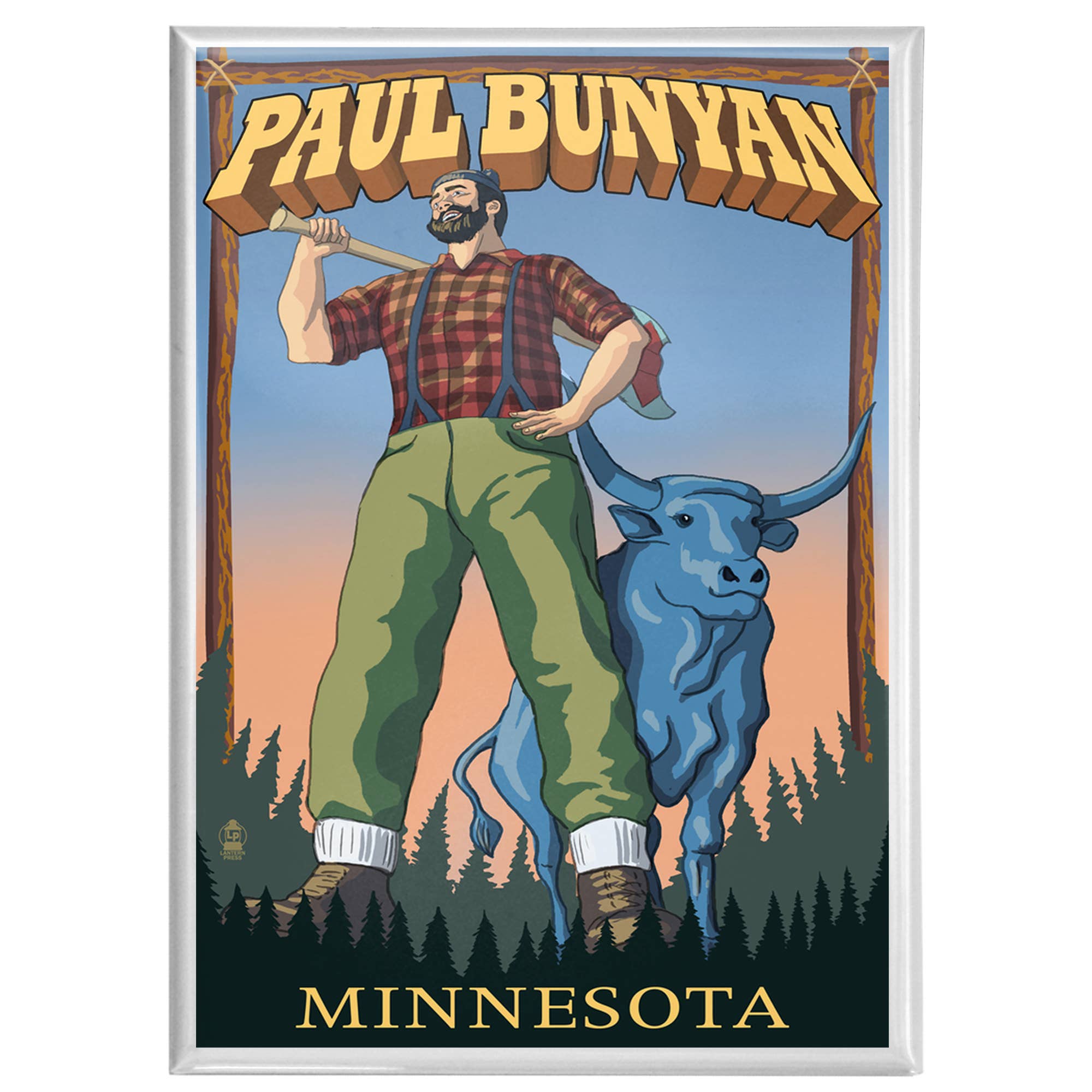 The product, "Magnet: Minnesota, Paul Bunyan," features a captivating illustration of Paul Bunyan with an axe on his shoulder standing beside a blue ox. The scene depicts a clear sky and trees in the background, with the text "Paul Bunyan and Minnesota." This design is perfectly encapsulated within dimensions of 3.5″ x 2.5″.