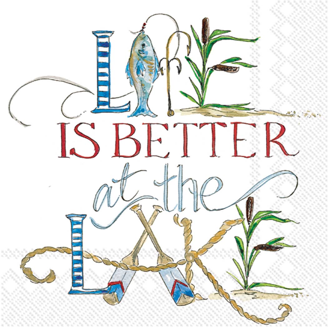 These charming paper lunch napkins, designed by Rosanne Beck, feature decorative text that reads "Life is Better at the Lake" along with fishing and lake-themed illustrations, perfectly capturing the essence of Lake Life. The "Napkins: Life is Better at the Lake 20 ct Lunch Napkins" make an ideal addition to any lakeside gathering.