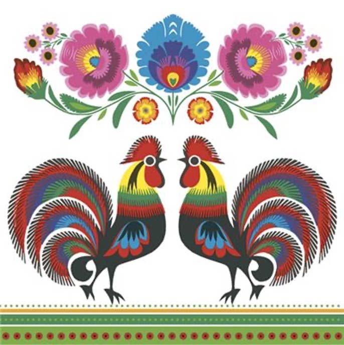 Experience the charm of these Folk Roosters Lunch Napkins, featuring two stylized roosters with intricate, colorful tails facing each other amidst vibrant flowers and a decorative border below, all crafted with European quality.