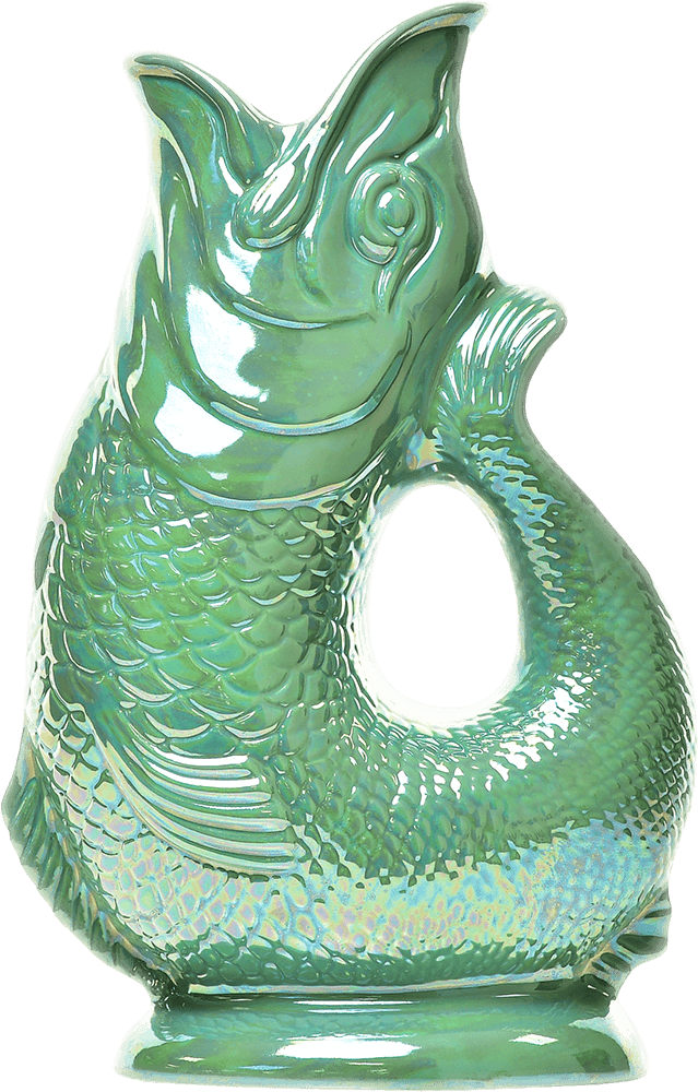 The Gluggle Jug: Sea Green Lustre is a glossy ceramic pitcher shaped like a fish, featuring a curved body handle and an open mouth at the top.