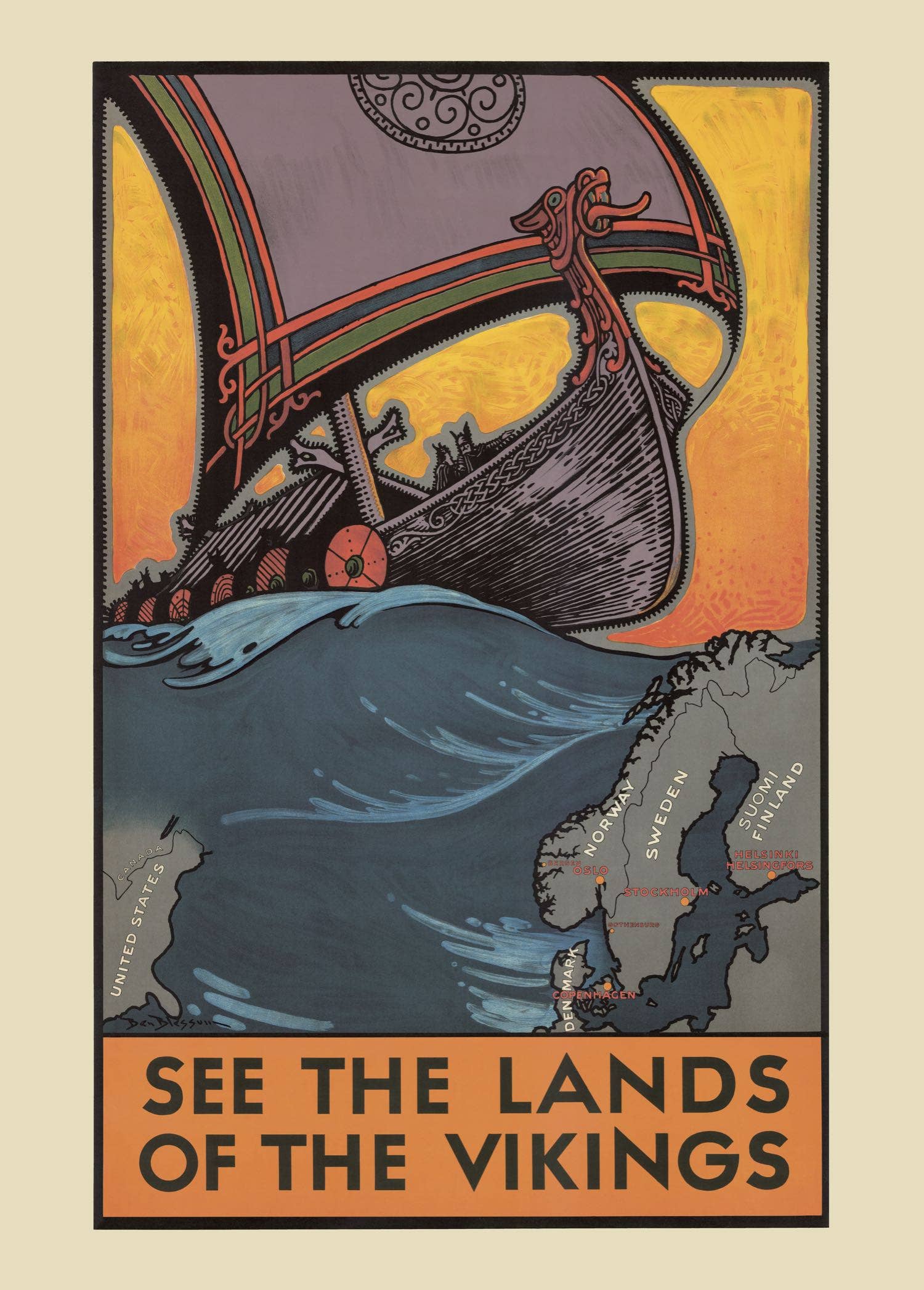 This vintage travel poster, titled "See the Lands of the Vikings - Come to Finland," showcases a Viking ship and a map of Scandinavia. It is printed on FSC-certified matte paper and measures 50 x 70 cm.