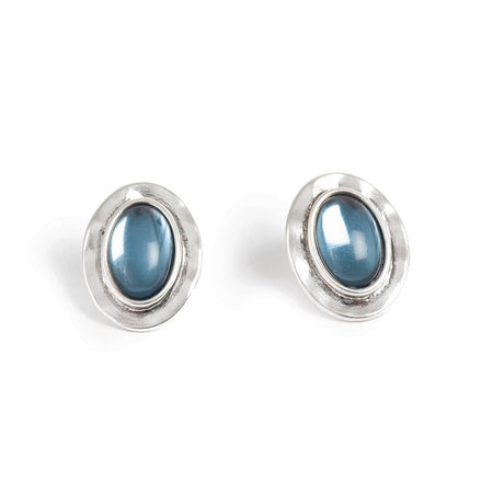 A&C Oslo Silver Deep Blue Post Earrings: Handmade with glossy deep blue oval stones in silver, inspired by Scandinavian design and shown on a white background.