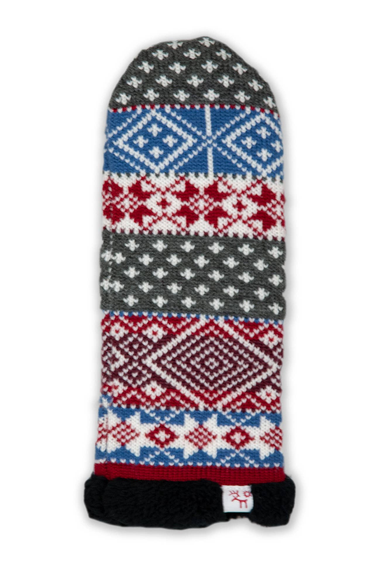 The Soppero Knit Mittens for adults, available in red, feature a vibrant Nordic pattern with geometric designs in blue, gray, and white. They are crafted from a cozy blend of wool and acrylic.