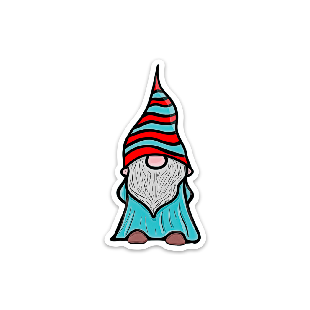 This sticker, titled "Gnome III - Sticker," showcases a hand-drawn illustration of a gnome wearing a long striped hat, blue robe, and bushy white beard, making it an ideal choice for a unique vinyl sticker.