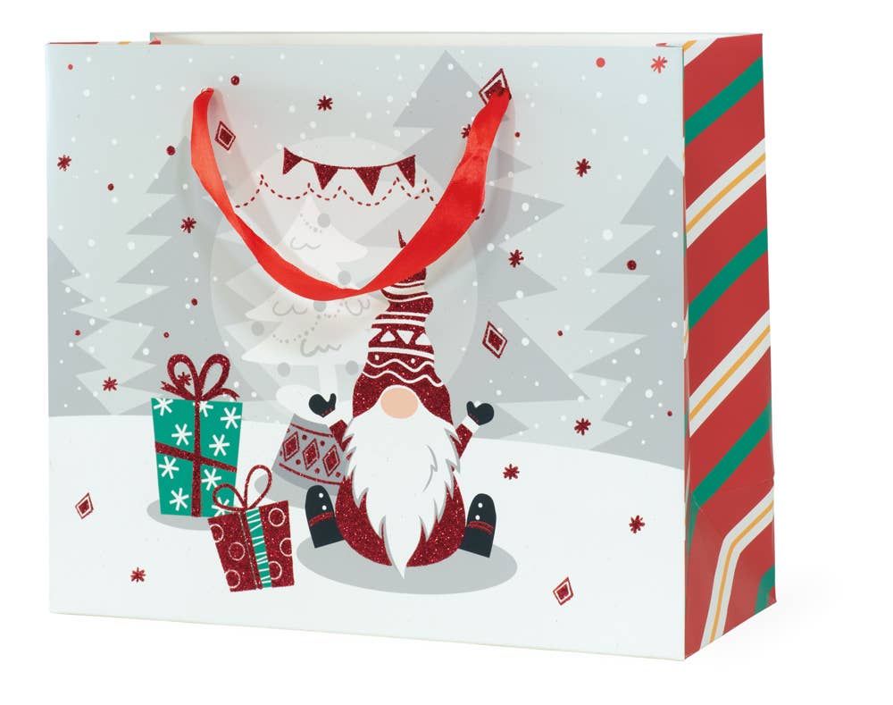 Gift Bag: Presents Gnome Christmas Bag Large showcasing a holiday gnome, snowflakes, and presents, complete with red ribbon handles.