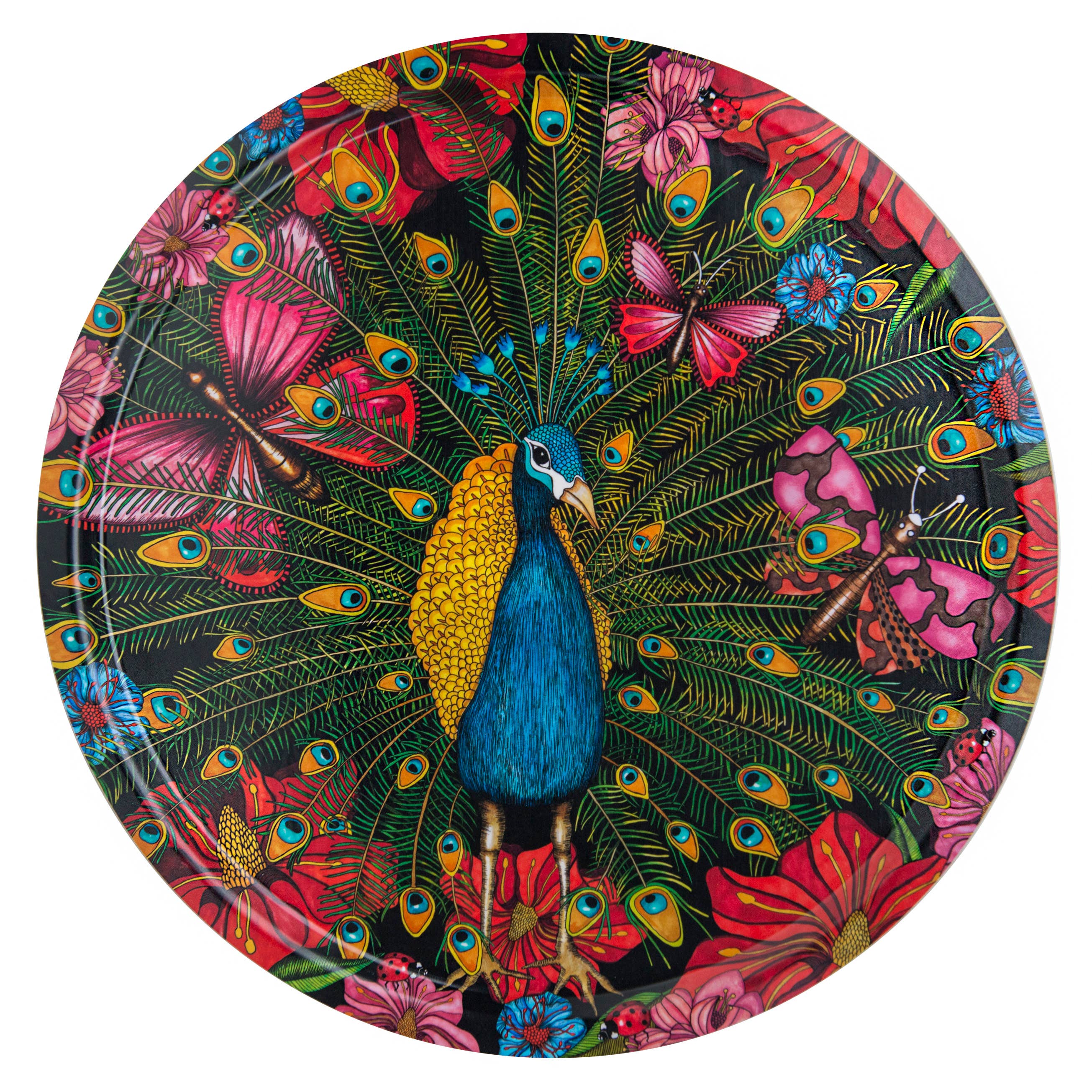 The Tray: Peacock by Nadja Wedin features a vibrant design of majestic peacock feathers surrounded by red flowers and pink butterflies, expertly crafted from sustainable laminated birchwood on a dark backdrop.