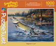 Introducing PuzzleTwist: Beginner's Luck (1,000 Pieces)—a captivating jigsaw puzzle showcasing an artwork of a large fish leaping out of a lake, leaving a surprised fisher gaping on his boat in the background. Dive into unexpected twists as you piece together this enchanting scene!