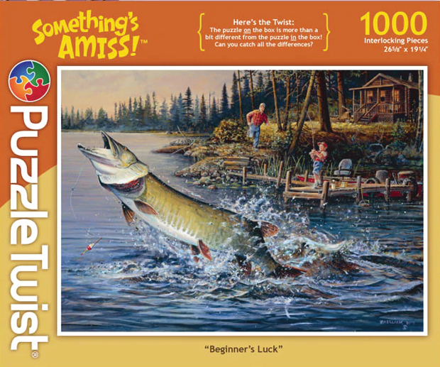 Introducing PuzzleTwist: Beginner's Luck (1,000 Pieces)—a captivating jigsaw puzzle showcasing an artwork of a large fish leaping out of a lake, leaving a surprised fisher gaping on his boat in the background. Dive into unexpected twists as you piece together this enchanting scene!