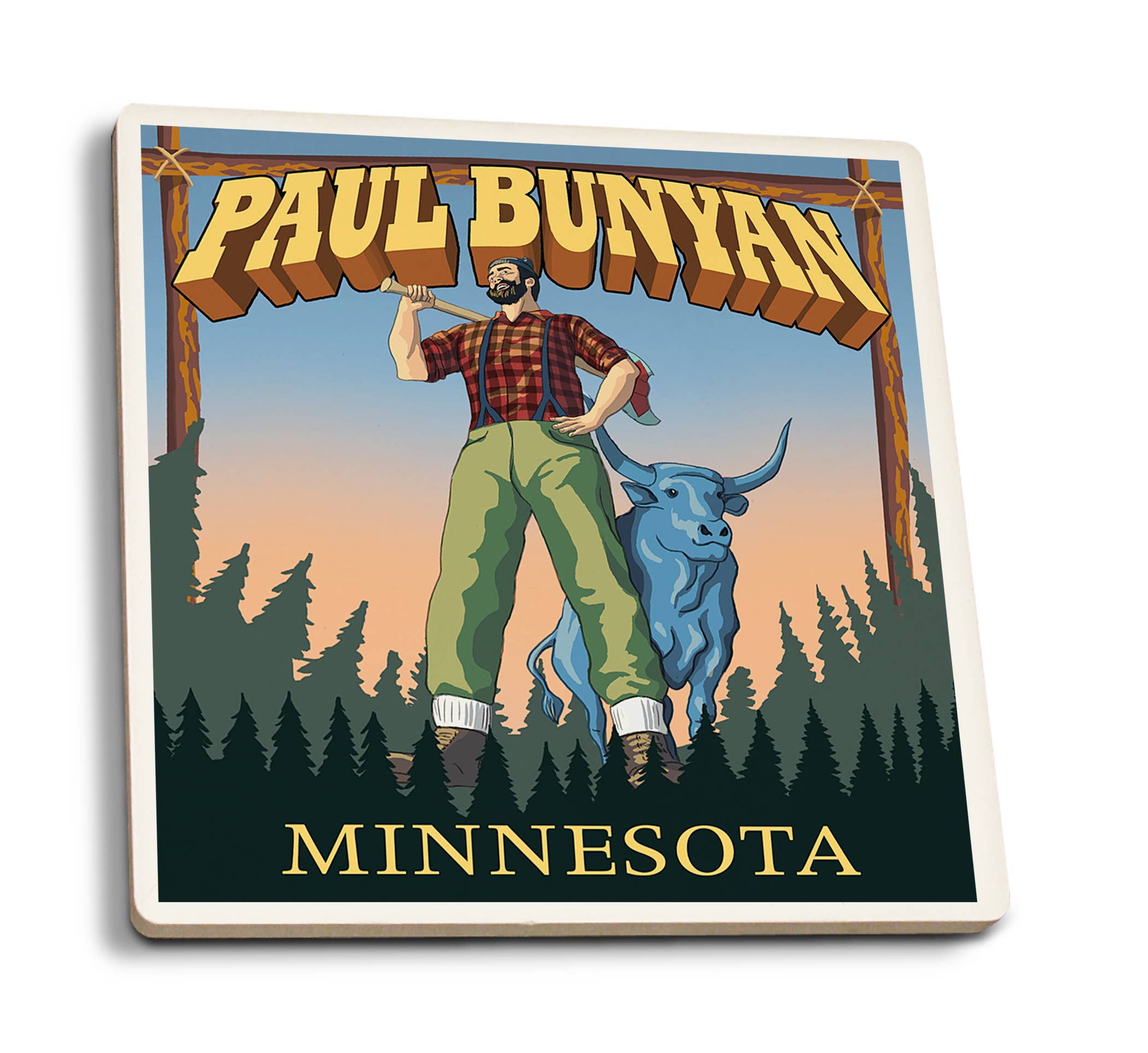 Charming 4"x4" ceramic coaster featuring Paul Bunyan with axe, Babe the Blue Ox, and a forest scene with "Minnesota" below. Coaster: Paul Bunyan & Babe the Blue Ox - Minnesota Ceramic Coaster.