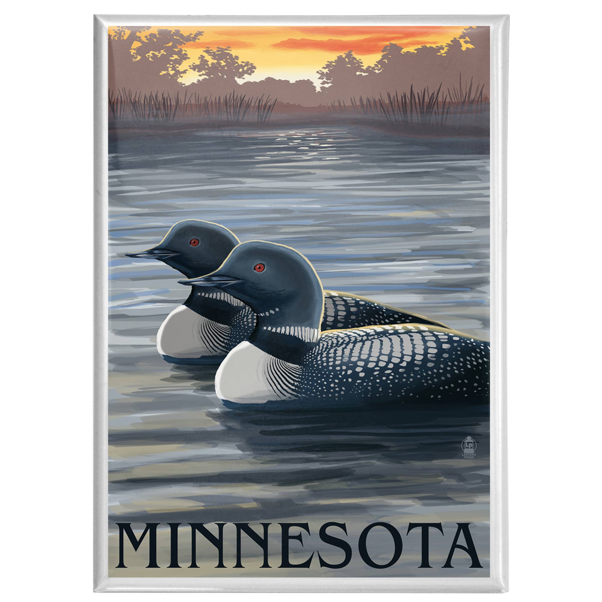 A depiction of two loons gracefully gliding on a serene lake at sunset, labeled "Minnesota," capturing the peaceful essence of nature's beauty in the Magnet: Minnesota Loons.
