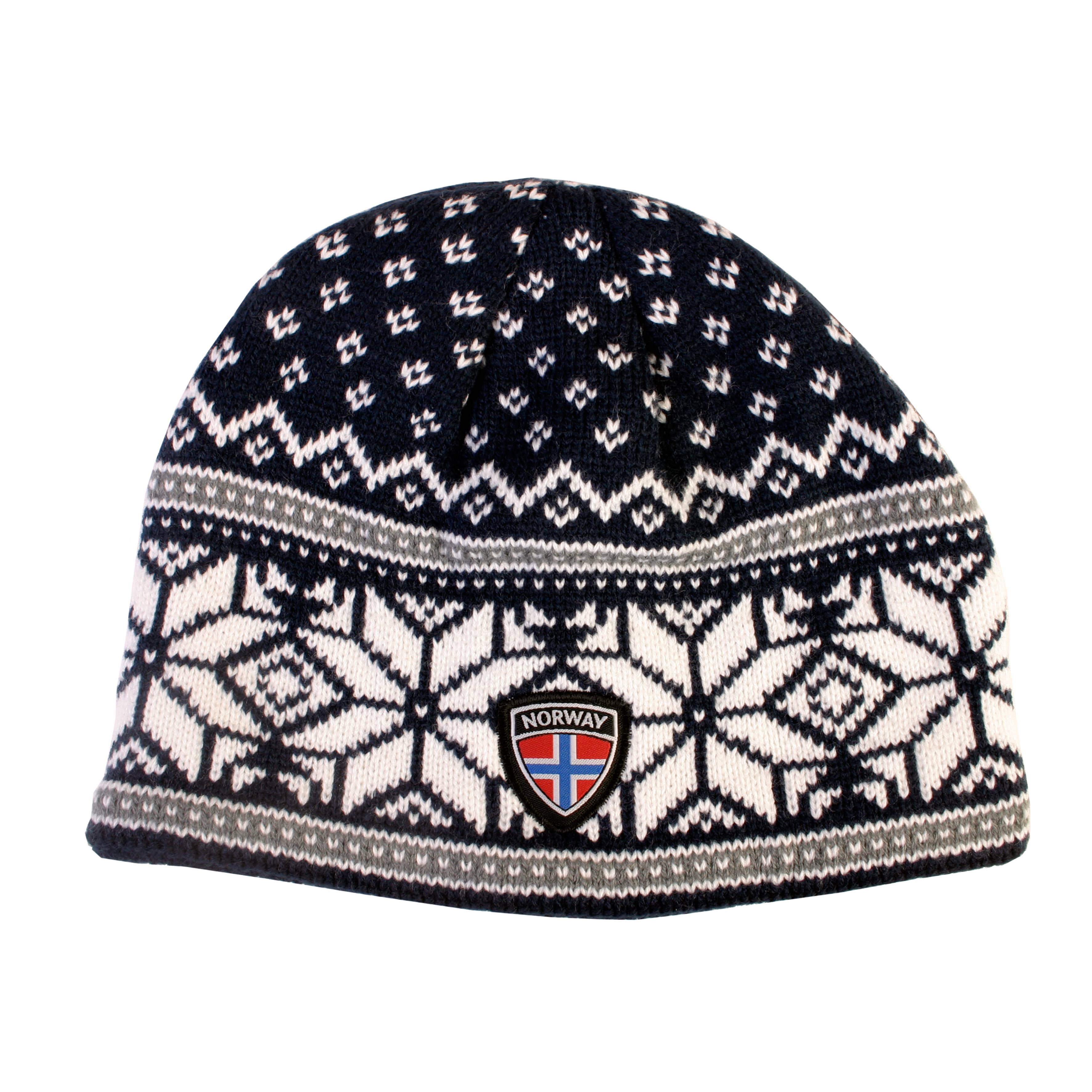 A navy knit beanie from Rock Expedition, featuring a Norway emblem and adorned with geometric and snowflake designs.
