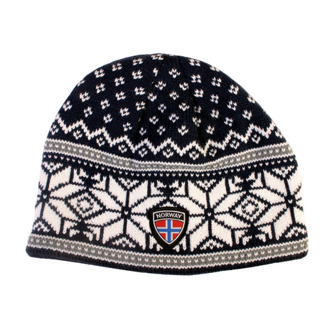 A navy knit beanie from Rock Expedition, featuring a Norway emblem and adorned with geometric and snowflake designs.