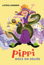 The cover of Book: Pippi Goes on Board by Astrid Lindgren features Pippi Longstocking in a purple dress and flowered hat, holding a green snake, against a playful background in this beloved children's adventure.