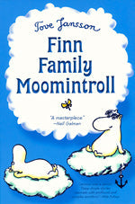 Book titled "Finn Family Moomintroll" by Tove Jansson, featuring a cover with two adventurous Moomin characters on clouds set against a blue background.