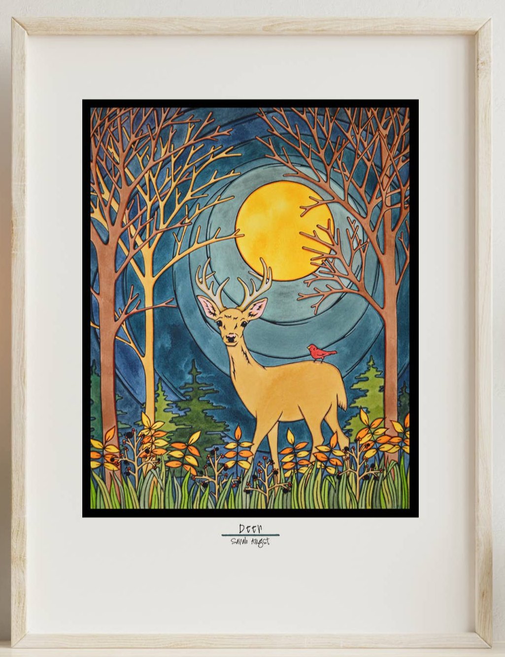 This engaging Giclee Print titled "Deer" by Sarah Angst showcases a graceful deer adorned with antlers surrounded by vibrant flowers and trees, along with a bird perched on its back. A large yellow moon enhances the background, all vividly rendered using high-quality pigmented inks for enduring beauty.