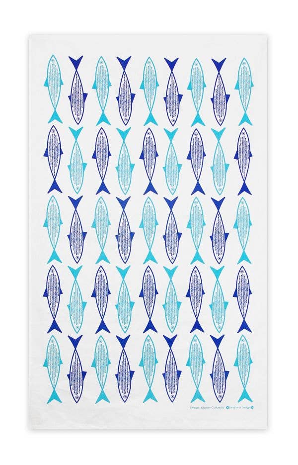 The Tea Towel: Blue & Turquoise Fish by Jangneus of Sweden, made from 100% cotton, showcases blue and teal fish on a white backdrop, adding marine charm to your kitchen.