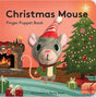 Cover of the *Christmas Mouse* finger puppet board book, showcasing an illustrated mouse wearing a Santa hat next to a Christmas tree and a cozy fireplace.