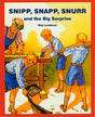 Cover of the book, Snipp, Snapp, Snurr and the Big Surprise by Maj Lindman. Three boys wearing blue shorts and striped shirts are focused on working with wood and tools under an adult's supervision.