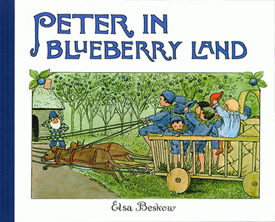 Book cover of Peter in Blueberry Land - Mini Hard Cover by Elsa Beskow, showing children and a gnome riding in a cart pulled by two brown animals through a blueberry field.