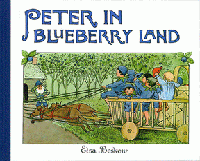 Book cover of Peter in Blueberry Land - Mini Hard Cover by Elsa Beskow, showing children and a gnome riding in a cart pulled by two brown animals through a blueberry field.