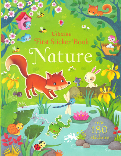 Cover of Activity Book: First Sticker Book Nature features a vivid forest scene with a fox, frog, and various animals and plants. The lively illustration captures natures beauty, with over 180 stickers! displayed on the bottom right.