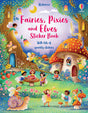Illustrated cover of Activity Book: Fairies Pixies & Elves Sticker Book by Fiona Watt, showing cheerful fairies and playful pixies around mushroom houses in a vibrant forest.