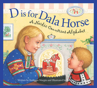 A woman and child in Nordic sweaters admire a red Dala Horse figurine next to the book D is for Dala Horse - A Nordic Countries Alphabet by Kathy-Jo Wargin, which celebrates Nordic traditions.