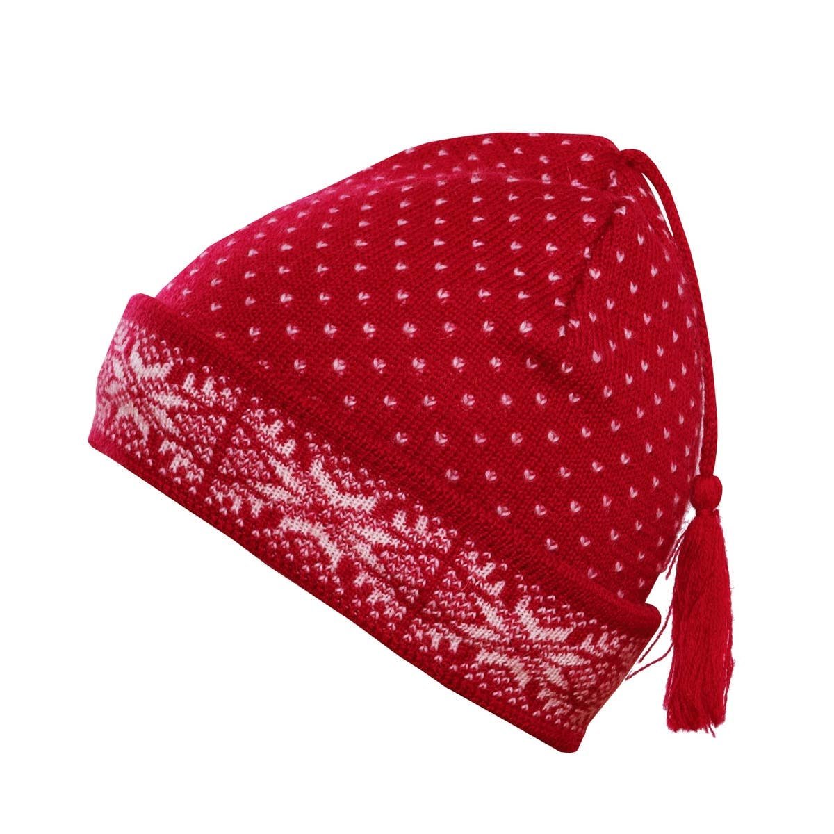 A red wool beanie by Norlender Knitwear, featuring a delightful white snowflake design and a playful tassel on top.