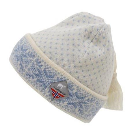 A wool hat in light gray and blue with a snowflake pattern and a small patch showcasing a flag and mountain logo, known as the Norlender Beanie - Snowflake Light Blue & White.