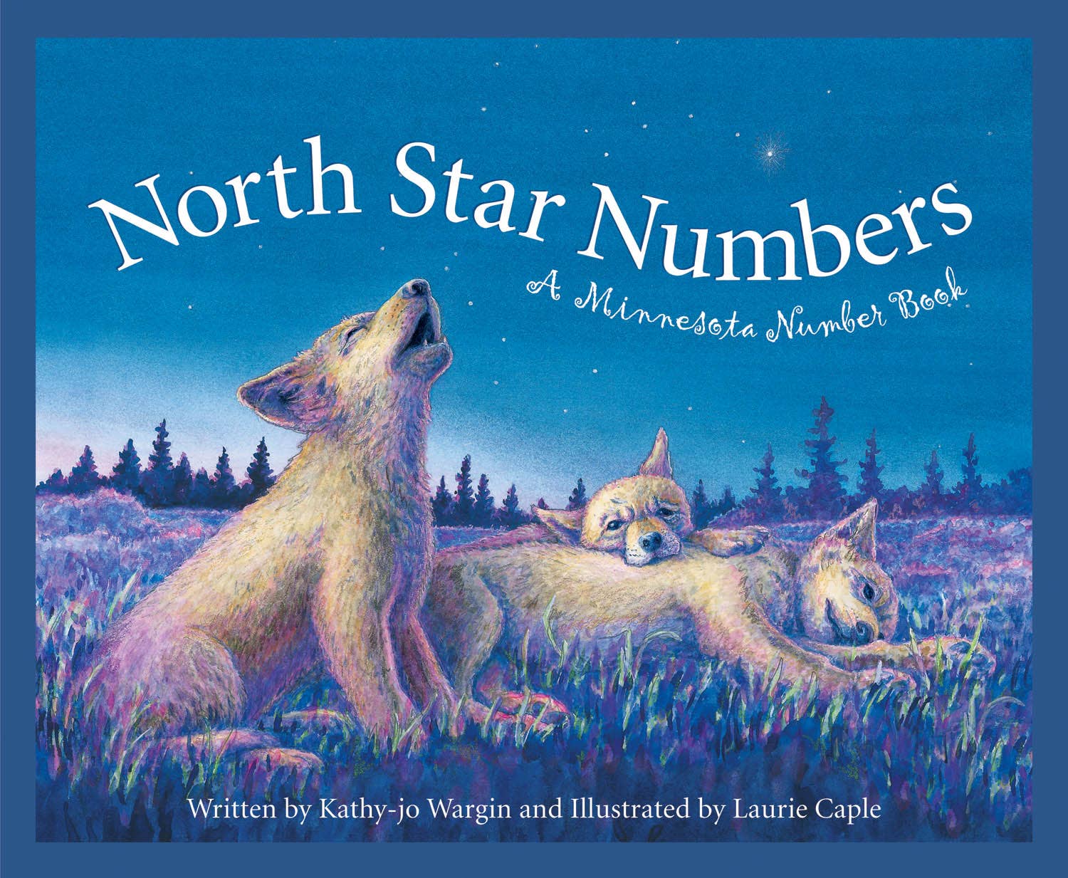 Cover of "North Star Numbers: A MINNESOTA Number Book" features three wolves relaxing in a grassy field beneath a star-filled Minnesota sky. Authored by Kathy-jo Wargin and illustrated by Laurie Caple, this enchanting story delves into nature's wonders and points of interest through vivid narration and captivating artwork.