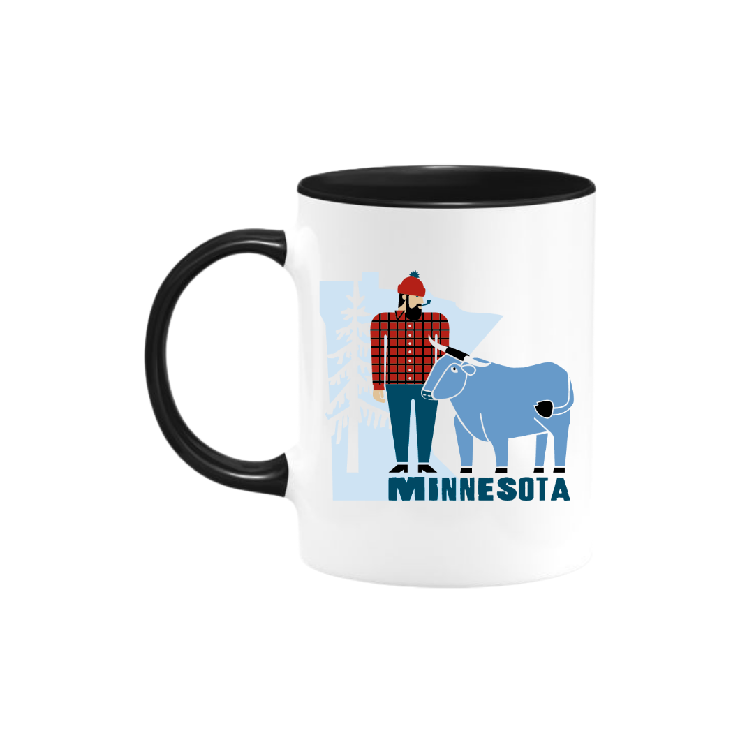 The 11 oz Paul & Babe Minnesota Coffee Mug features Cindy Lindgren’s illustration of Paul Bunyan and Babe the Blue Ox with Minnesota below, on white ceramic with a black handle.