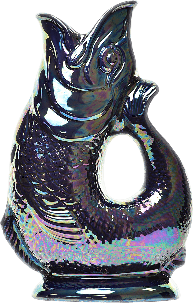 The Gluggle Jug: Cobalt Lustre Fish Shaped Pitcher Extra Large is a handcrafted iridescent glass pitcher, featuring a textured fish design and circular opening under its cobalt lustre mouth.